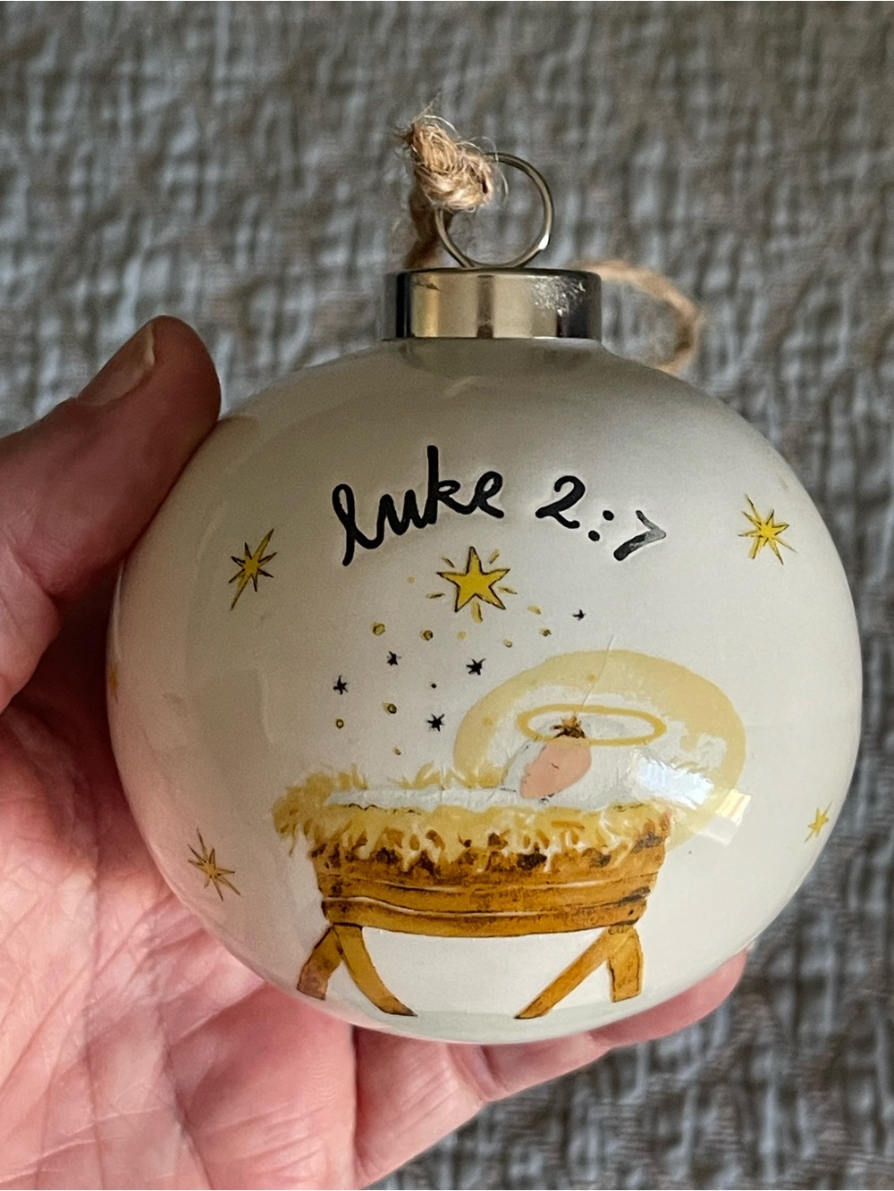 RAE DUNN BIBLE VERSE LUKE 2:7 CERAMIC CHRISTMAS ORNAMENT-BABY JESUS IN A MANGER